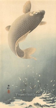  Koson Oil Painting - leaping carp Ohara Koson Japanese